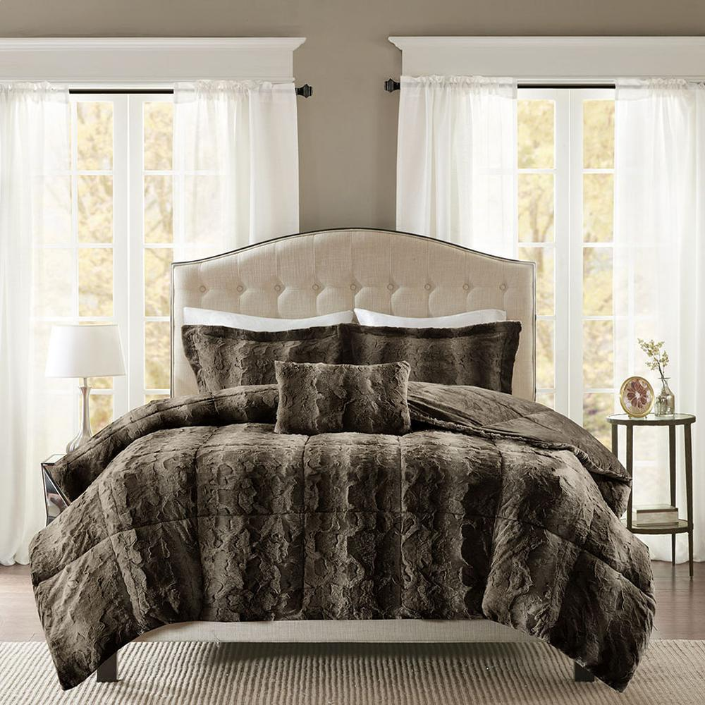 Start2Finish 4-piece faux fur comforter set with plush, soft bedding in neutral tones, ideal for cozy bedroom decor.