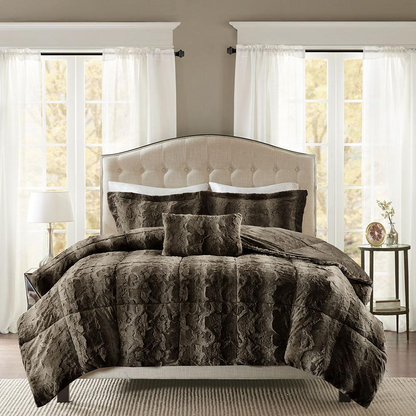 Start2Finish 4-piece faux fur comforter set with plush, soft bedding in neutral tones, ideal for cozy bedroom decor.