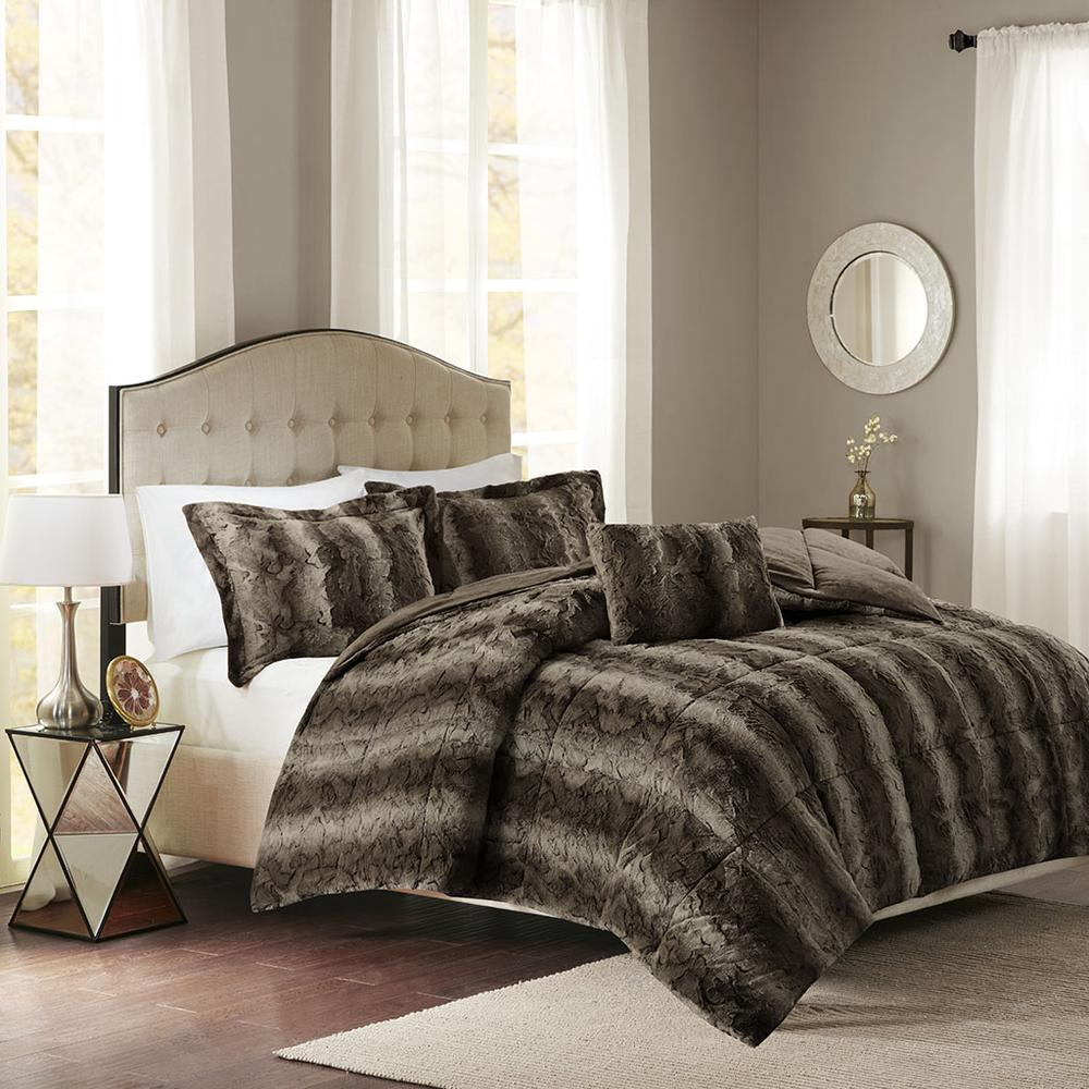 Start2Finish 4-piece faux fur comforter set with plush, soft bedding in neutral tones for cozy bedroom decor.
