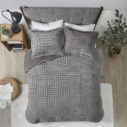 Start2Finish Arctic Fur down alternative comforter mini set in grey, plush bedding with matching pillow shams and textured fabric.