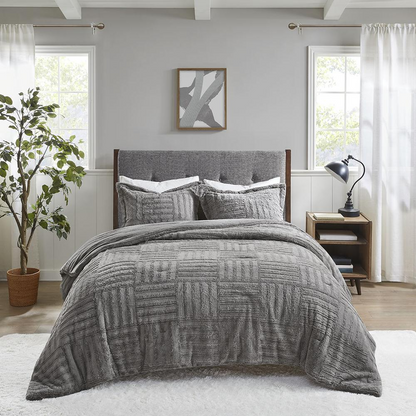 Start2Finish Arctic Fur Down Alternative Comforter mini set in grey, featuring plush, soft fabric and matching pillow shams.