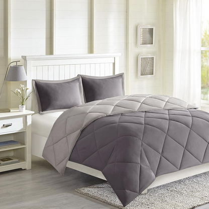 Start2Finish 3M Scotchgard Diamond Quilting reversible down alternative comforter set with plush bedding design, shown in a cozy bedroom scene.