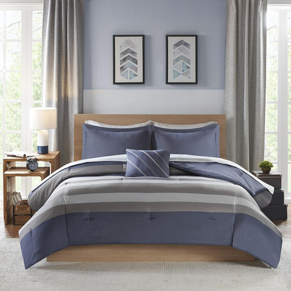 Start2Finish striped comforter set with matching bed sheets, featuring a cozy bedding design in vibrant colors.