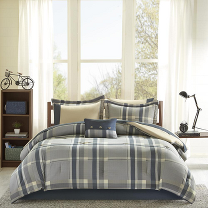 Start2Finish plaid comforter set with matching bed sheets, featuring a cozy, stylish plaid design on a neatly made bed.