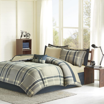 Start2Finish plaid comforter set with matching bed sheets, featuring a cozy checkered pattern for a stylish bedroom look.