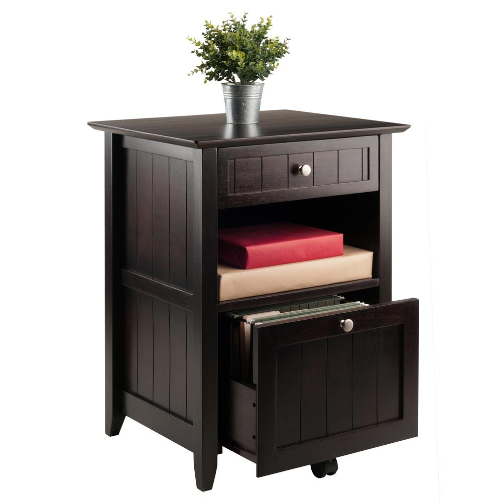 Start2Finish Burke file cabinet in coffee finish, showing a sturdy wooden furniture piece with multiple drawers and a smooth surface.