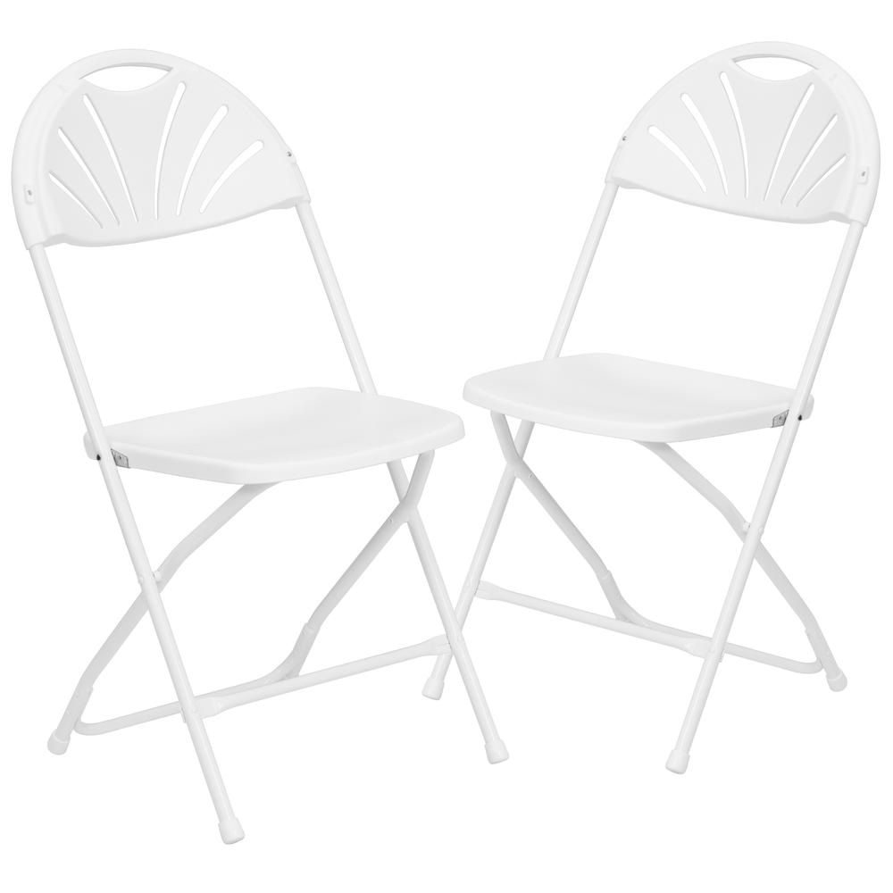 Two white plastic fan back folding chairs with 650 lb. capacity, ideal for versatile furniture seating by Start2Finish.