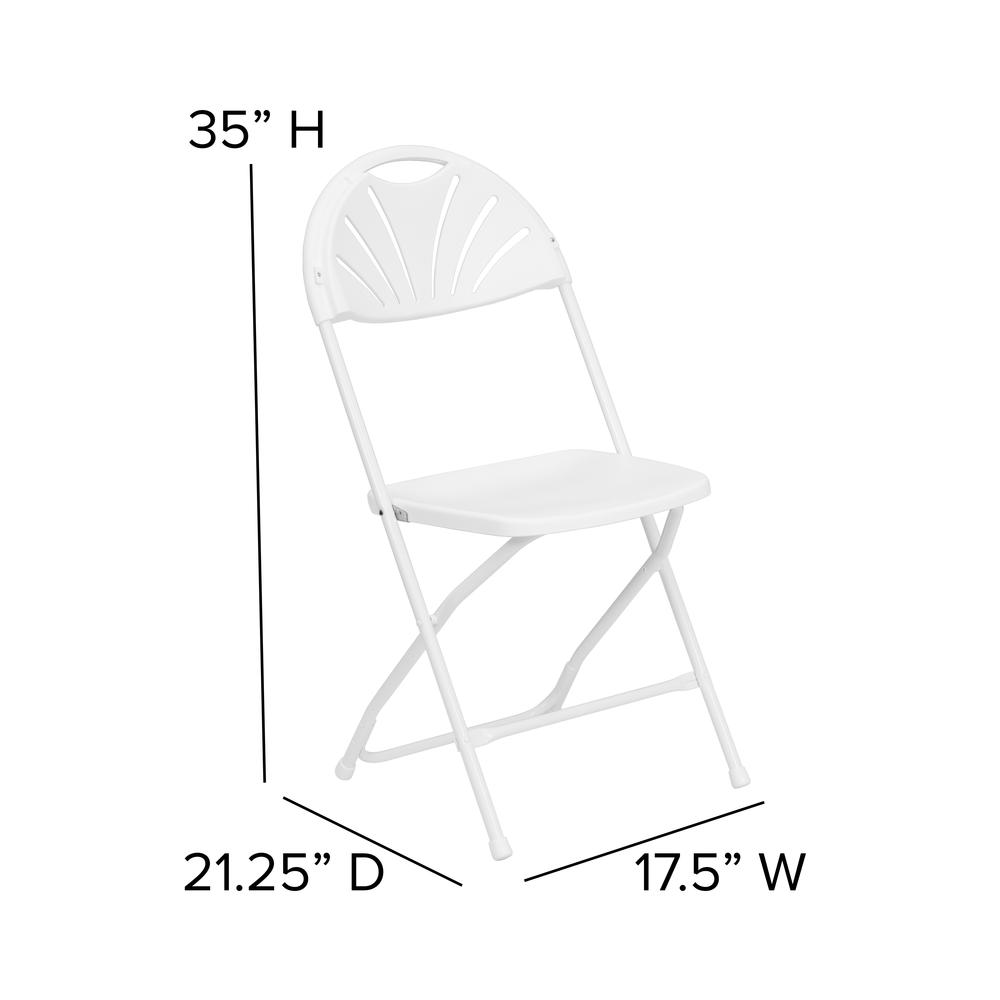 Two white plastic fan back folding chairs with a 650 lb. capacity, ideal for versatile furniture and seating.