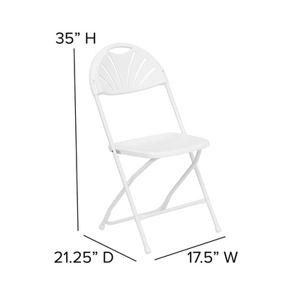 Two white plastic fan back folding chairs with a 650 lb. capacity, ideal for versatile furniture and seating.