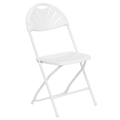 Two white plastic fan back folding chairs with metal frames, 650 lb. capacity, ideal for indoor or outdoor seating.