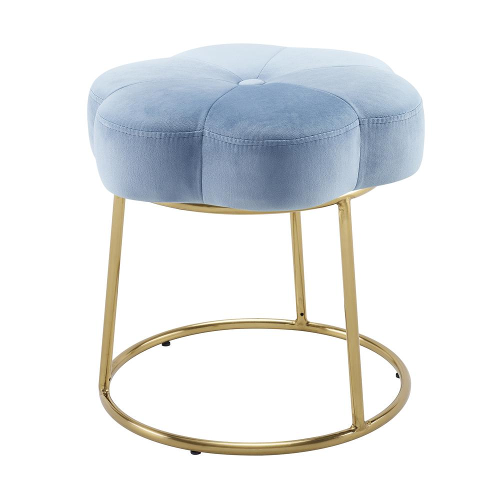 Start2Finish Seraphina Accent Vanity Stool in blue with cushioned seat and decorative wooden legs.