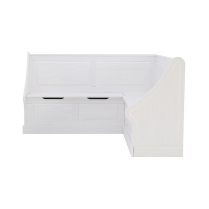 White Tobin Corner Breakfast Nook by Start2Finish, showcasing a cozy corner furniture set with cushioned seats and a table.