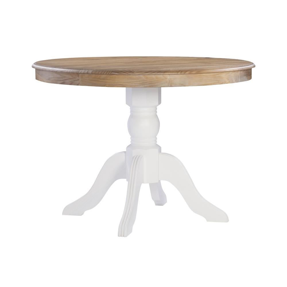 Start2Finish Tobin Pedestal Dining Table with natural wood top and white base, showcasing a modern, sturdy design.