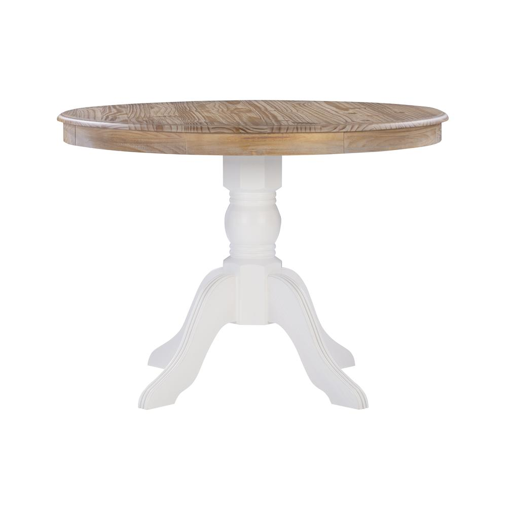 Tobin Pedestal Dining Table by Start2Finish with natural wood top and white base, showcasing a modern, sturdy design for dining spaces.