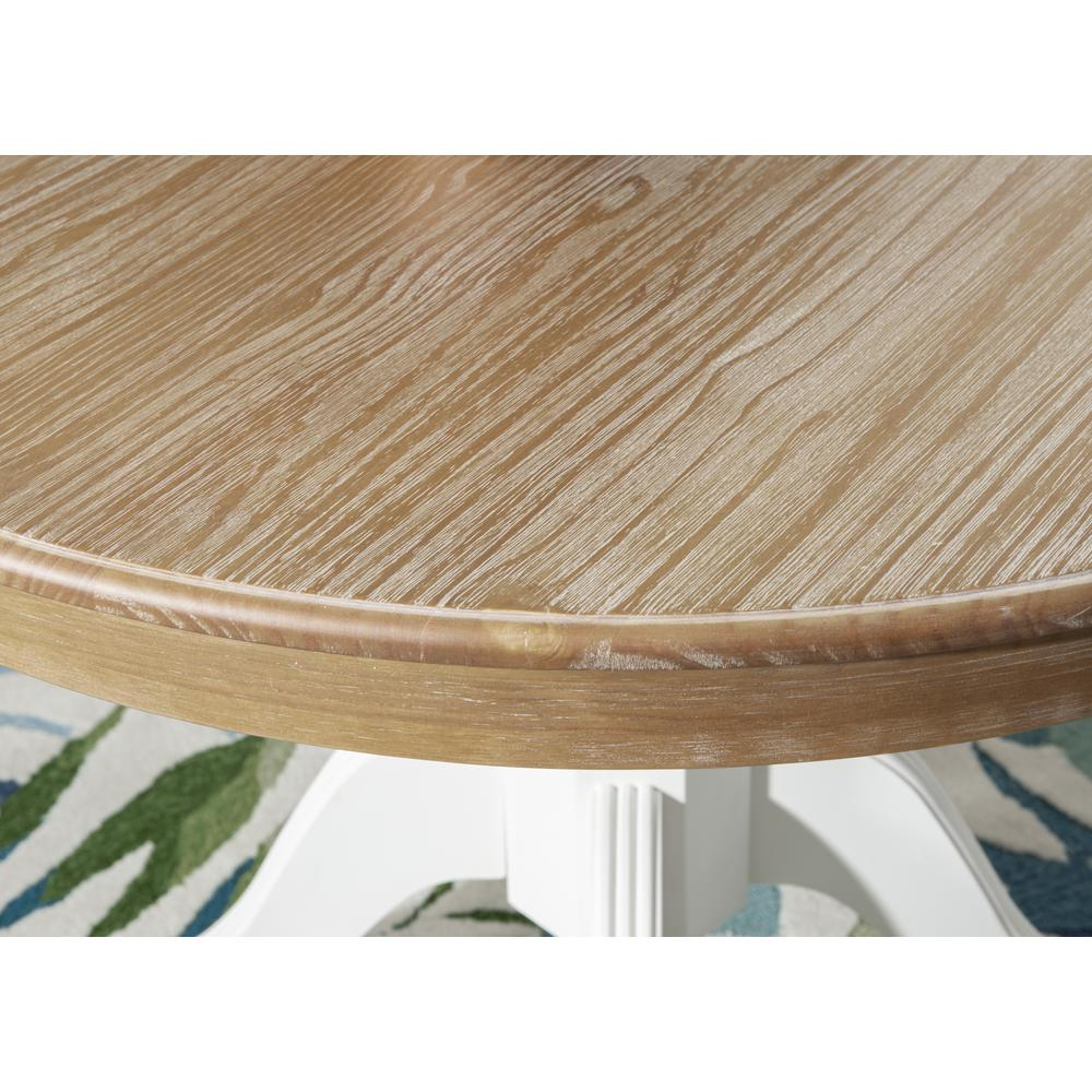 Start2Finish Tobin Pedestal Dining Table in natural wood and white finish, showcasing its round tabletop and pedestal base