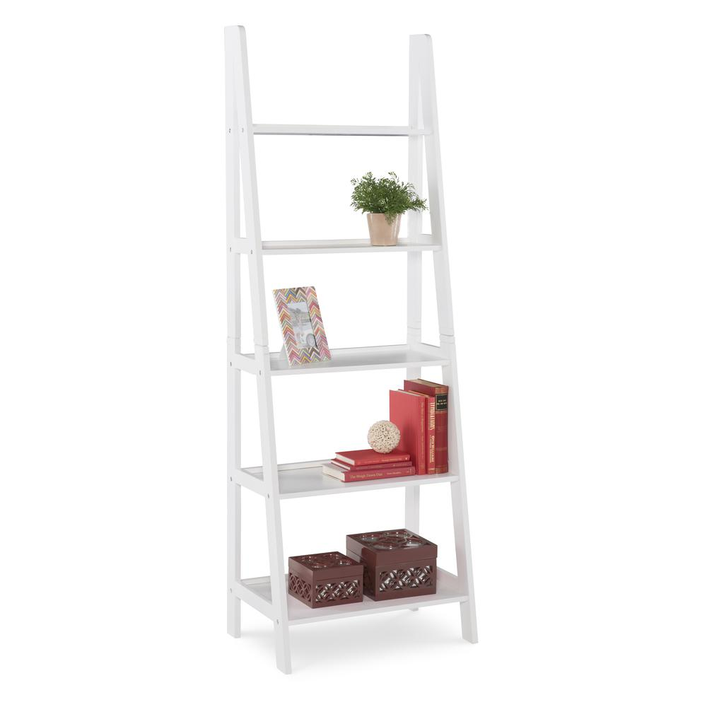 White Acadia Ladder Bookshelf by Start2Finish with five open shelves and a modern, ladder-style design for versatile storage.