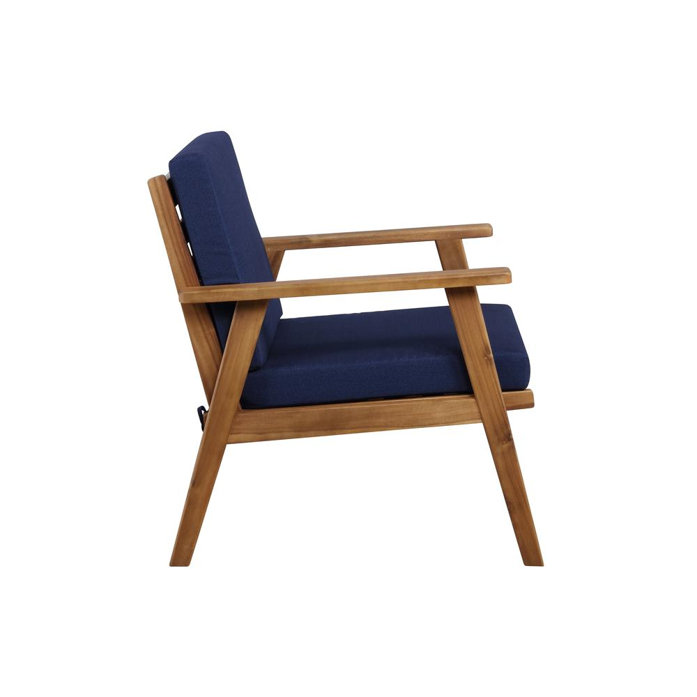 Start2Finish Cole outdoor chat set with four seats, blue cushions, and metal frame for stylish outdoor furniture.