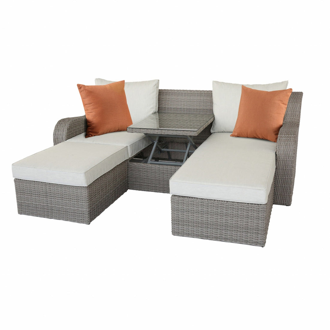 Gray wicker patio sectional with matching ottoman from Jade, outdoor furniture set for relaxing outdoor spaces.