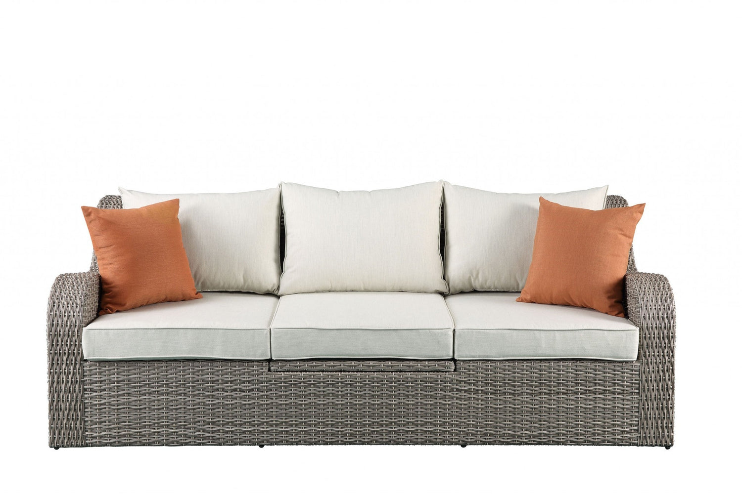 Gray wicker patio sectional with matching ottoman from Jade, outdoor furniture set with cushioned seating and modern design.