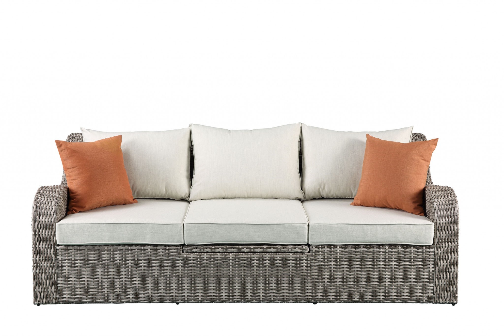 Gray wicker patio sectional with matching ottoman from Jade, outdoor furniture set with cushioned seating and modern design.