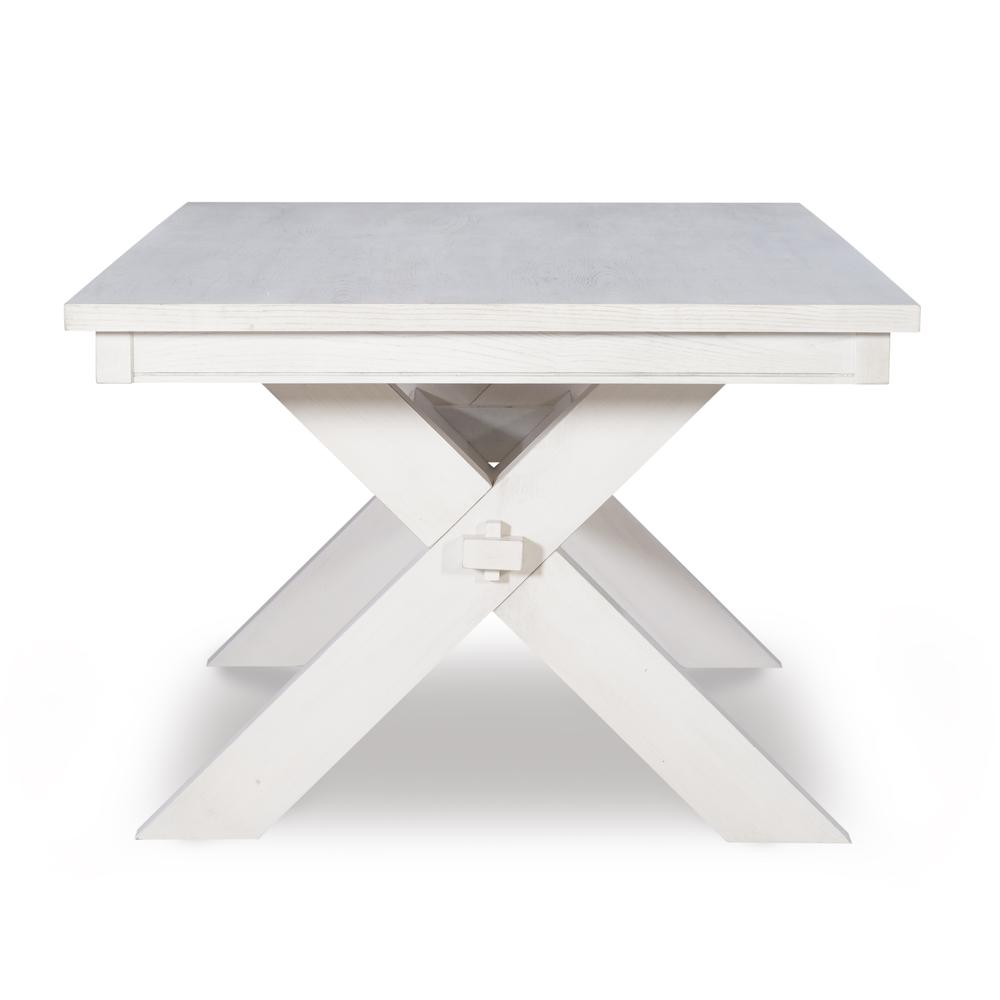 Distressed white Turino dining table by Start2Finish, showcasing a rustic wooden furniture piece with a sturdy rectangular top and distressed finish.
