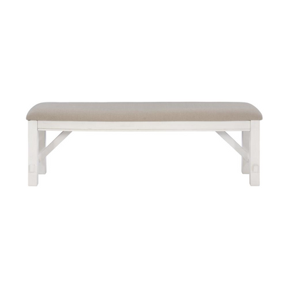 Distressed white wooden bench with a rustic finish, designed by Start2Finish, ideal for entryways or living room seating.