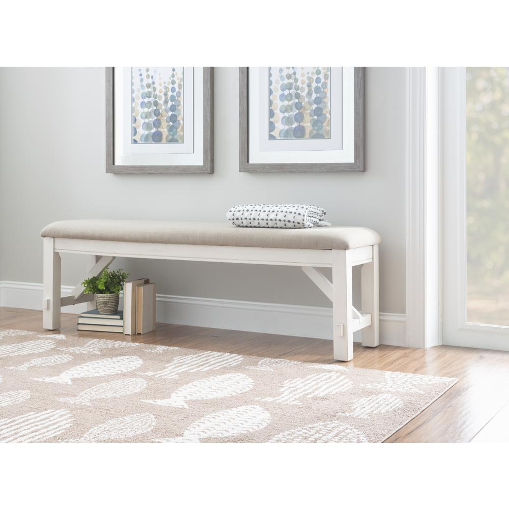 Distressed white wooden bench by Start2Finish, featuring a rustic design with a flat top and sturdy legs.