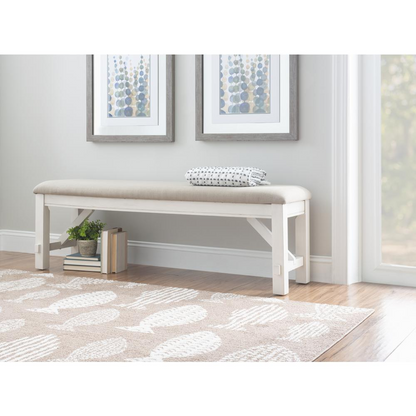 Distressed white wooden bench by Start2Finish, featuring a rustic design with a flat top and sturdy legs.