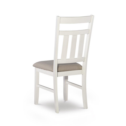 Distressed white side chair from Start2Finish, featuring a rustic wooden design and sturdy furniture construction.