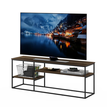 Furinno Moretti modern lifestyle TV stand for 65-inch TVs in Columbia Walnut finish, featuring open shelving and sleek design.