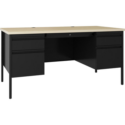 Lorell Fortress Series double-pedestal steel desk with black finish, 60-inch width, 1.1-inch top, and file drawer.