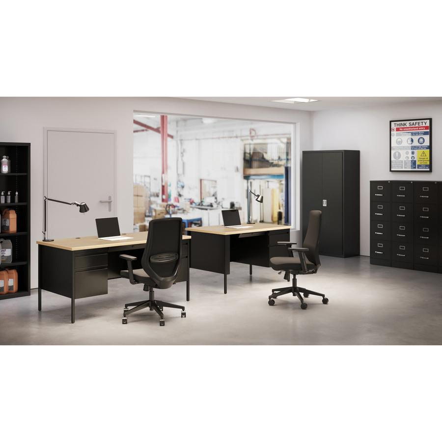 Lorell Fortress Series black steel double-pedestal desk with 60-inch top, file drawers, square edges, and modesty panel.