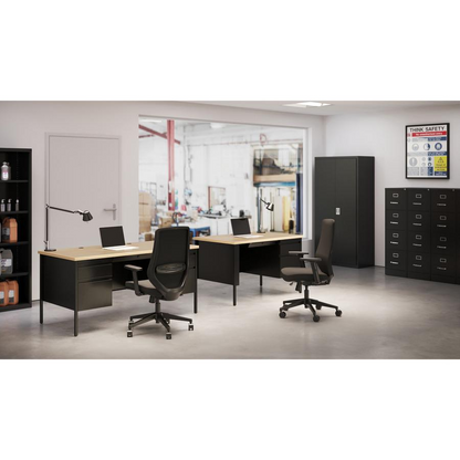 Lorell Fortress Series black steel double-pedestal desk with 60-inch top, file drawers, square edges, and modesty panel.