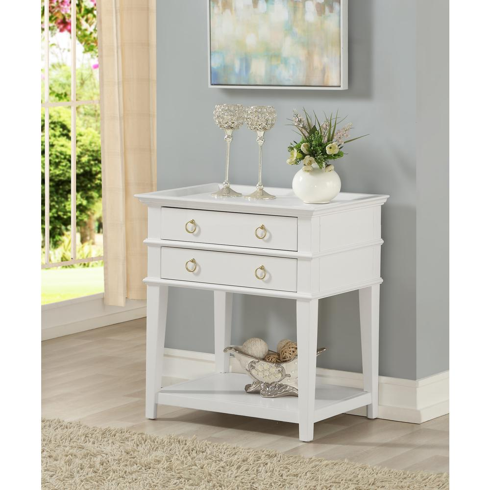 White Clara 2-drawer tray top nightstand by Start2Finish featuring a sleek design with two spacious drawers and a flat top surface.
