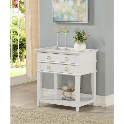 White Clara 2-drawer tray top nightstand by Start2Finish featuring a sleek design with two spacious drawers and a flat top surface.