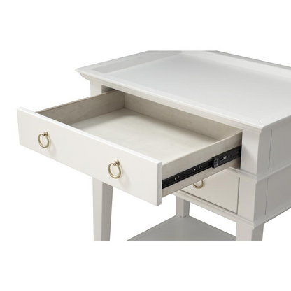 White Clara 2-drawer tray top nightstand by Start2Finish with modern furniture design, featuring two spacious drawers and a sleek surface.