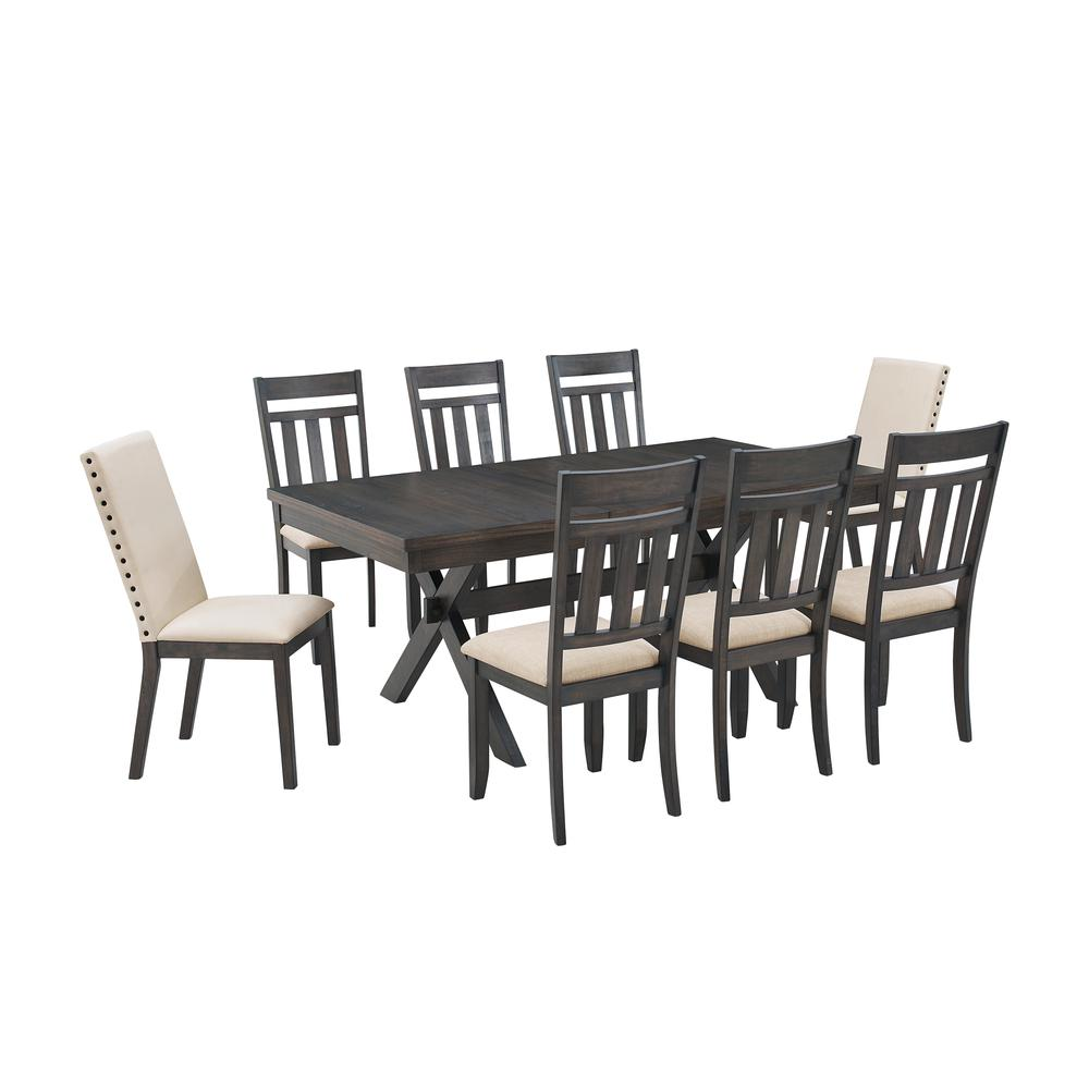 Hayden 9-piece dining table set with wooden table, six slat back chairs, and two additional chairs, in a modern furniture style.