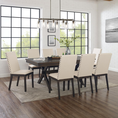 Hayden 9-piece dining table set by Start2Finish with a large table and eight upholstered chairs, perfect for family meals.