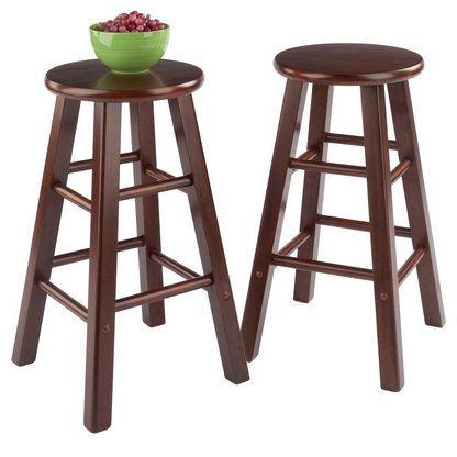 Pair of Start2Finish Element Counter Stools in walnut, 2-piece furniture set with sleek wooden seats and sturdy metal legs.