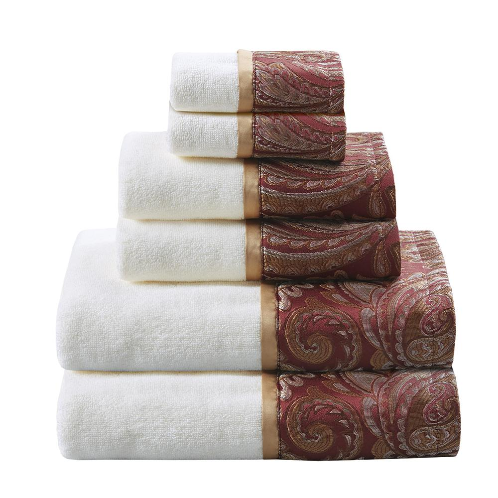 Six-piece Start2Finish jacquard bath towel set featuring textured pattern and soft, absorbent cotton fabric.