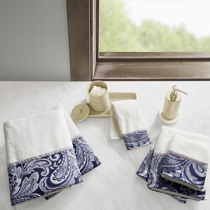Start2Finish 6-piece jacquard bath towel set with textured patterns, including hand and bath towels, in a coordinated design.