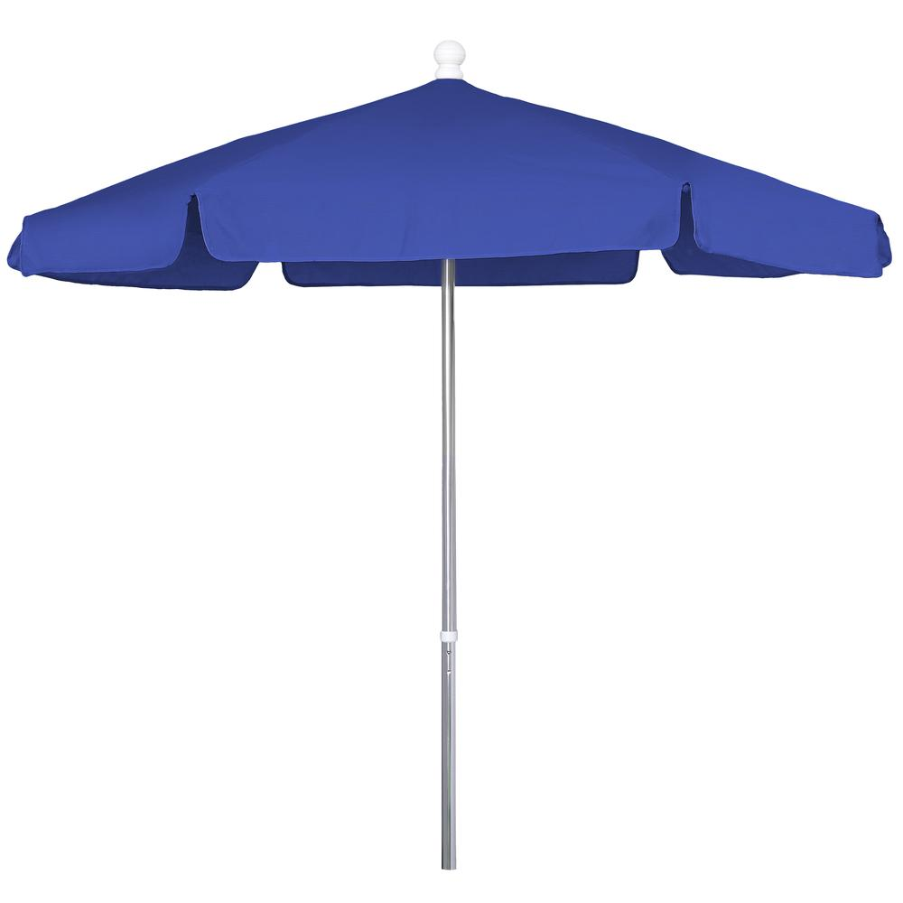 Start2Finish 7.5-foot hex garden umbrella with six ribs, Pacific blue vinyl-coated weave, showcasing its sturdy frame and vibrant fabric