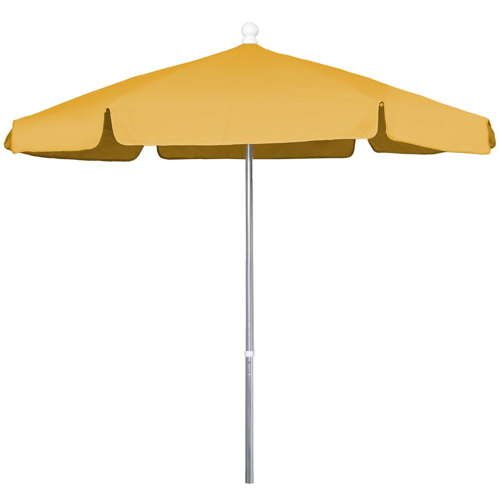 Yellow 7.5-foot hex garden umbrella by Start2Finish with 6 ribs, push-up and pin lift, vinyl-coated weave patio shade.