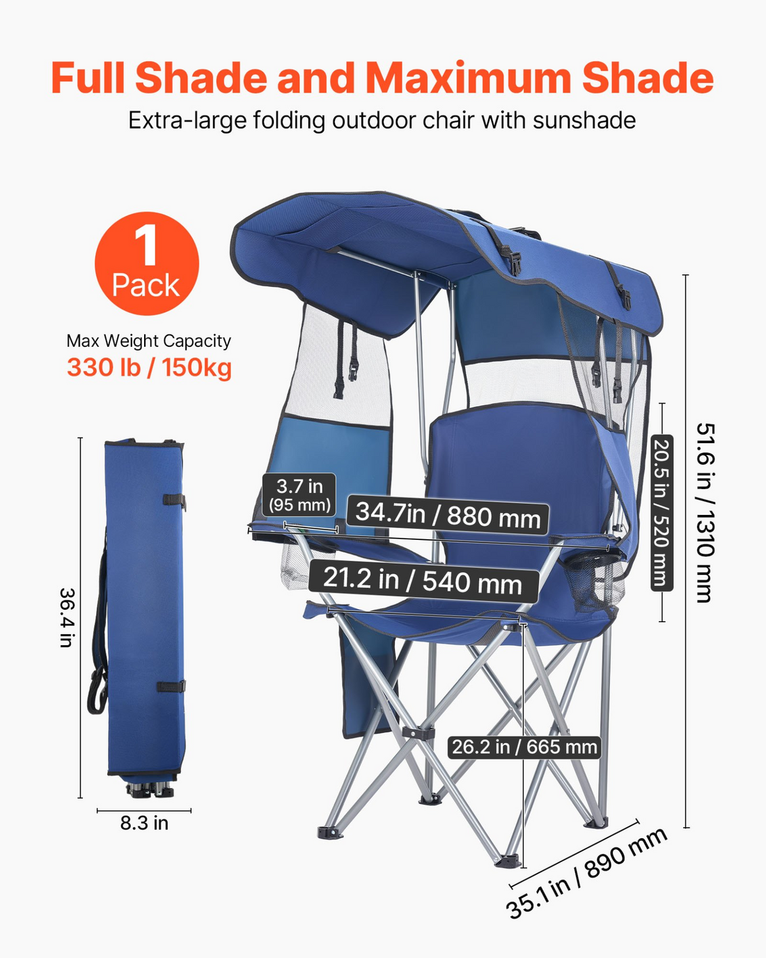 Start2Finish VEVOR outdoor camping chair with canopy, cup holders, magazine pocket, heavy-duty support, in deep blue.