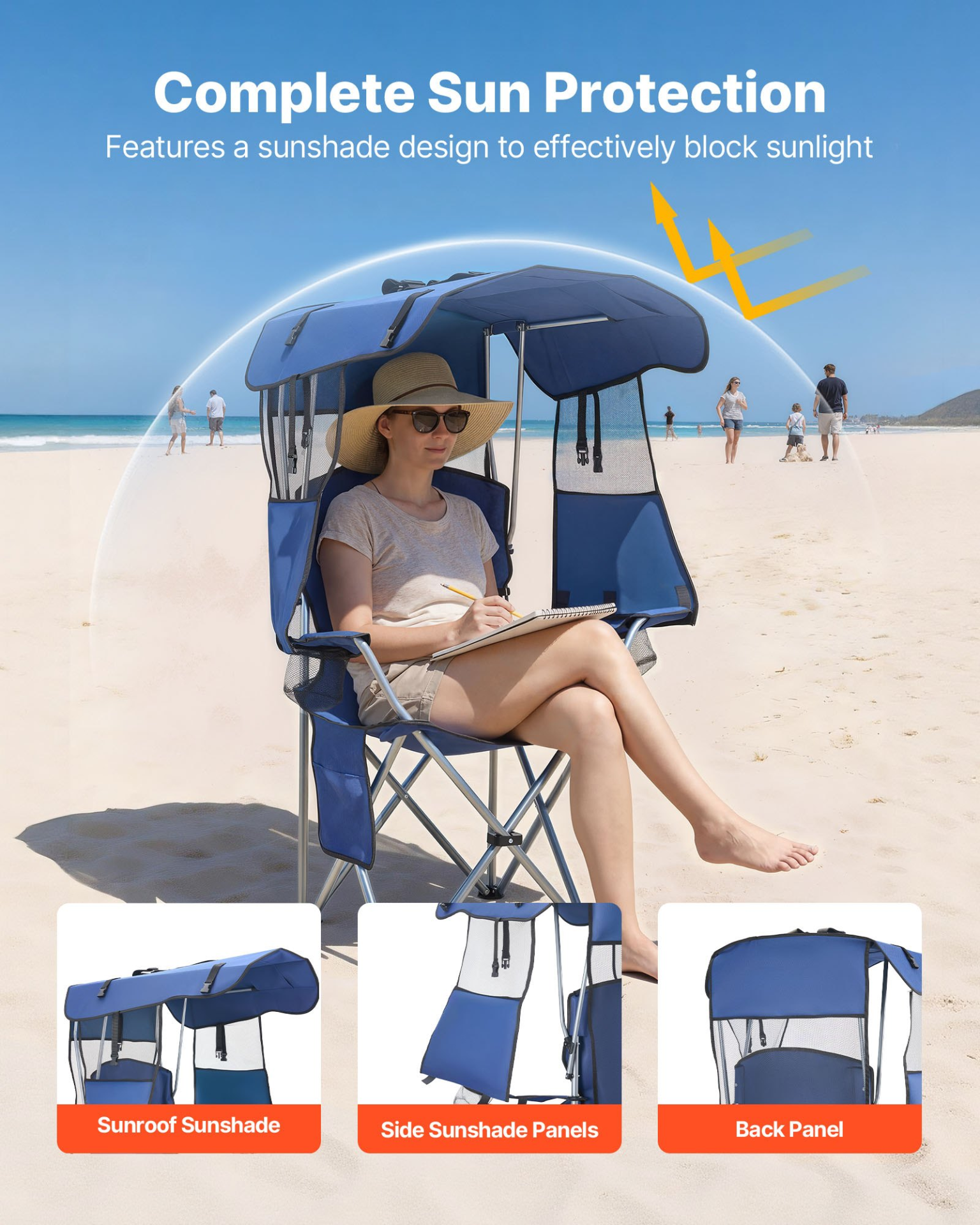 Start2Finish VEVOR camping chair with canopy, folding beach chair, magazine pocket, 2 cup holders, deep blue, outdoor use