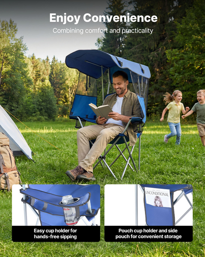 Start2Finish VEVOR camping chair with canopy, foldable outdoor beach chair featuring cup holders, magazine pocket, and heavy-duty support.