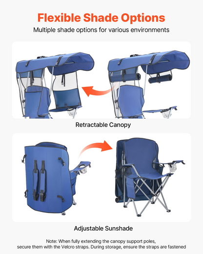 Start2Finish VEVOR outdoor camping chair with canopy, cup holders, magazine pocket, heavy-duty support, deep blue color.
