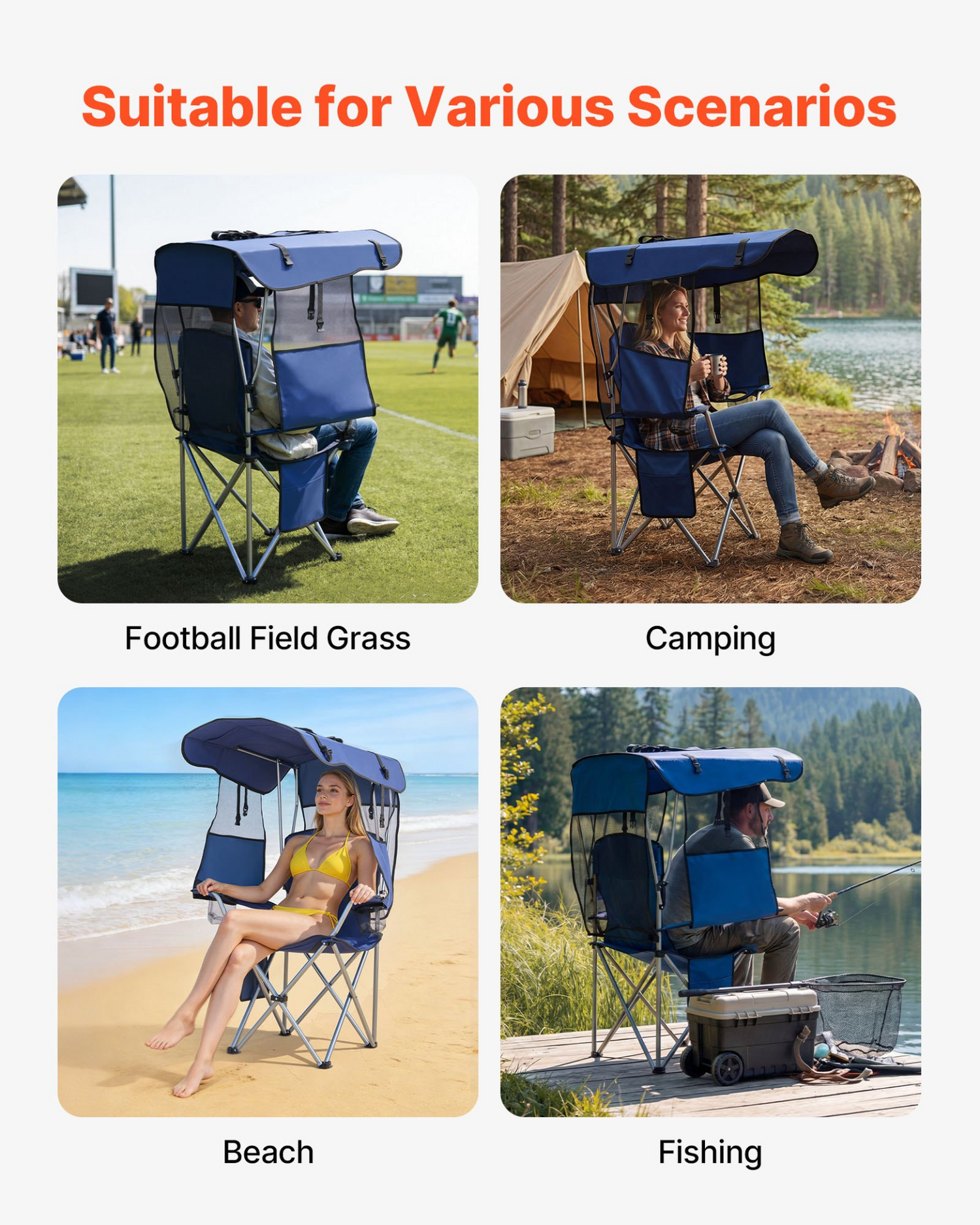 Start2Finish VEVOR outdoor camping chair with canopy, foldable beach chair, magazine pocket, cup holders, heavy-duty support.