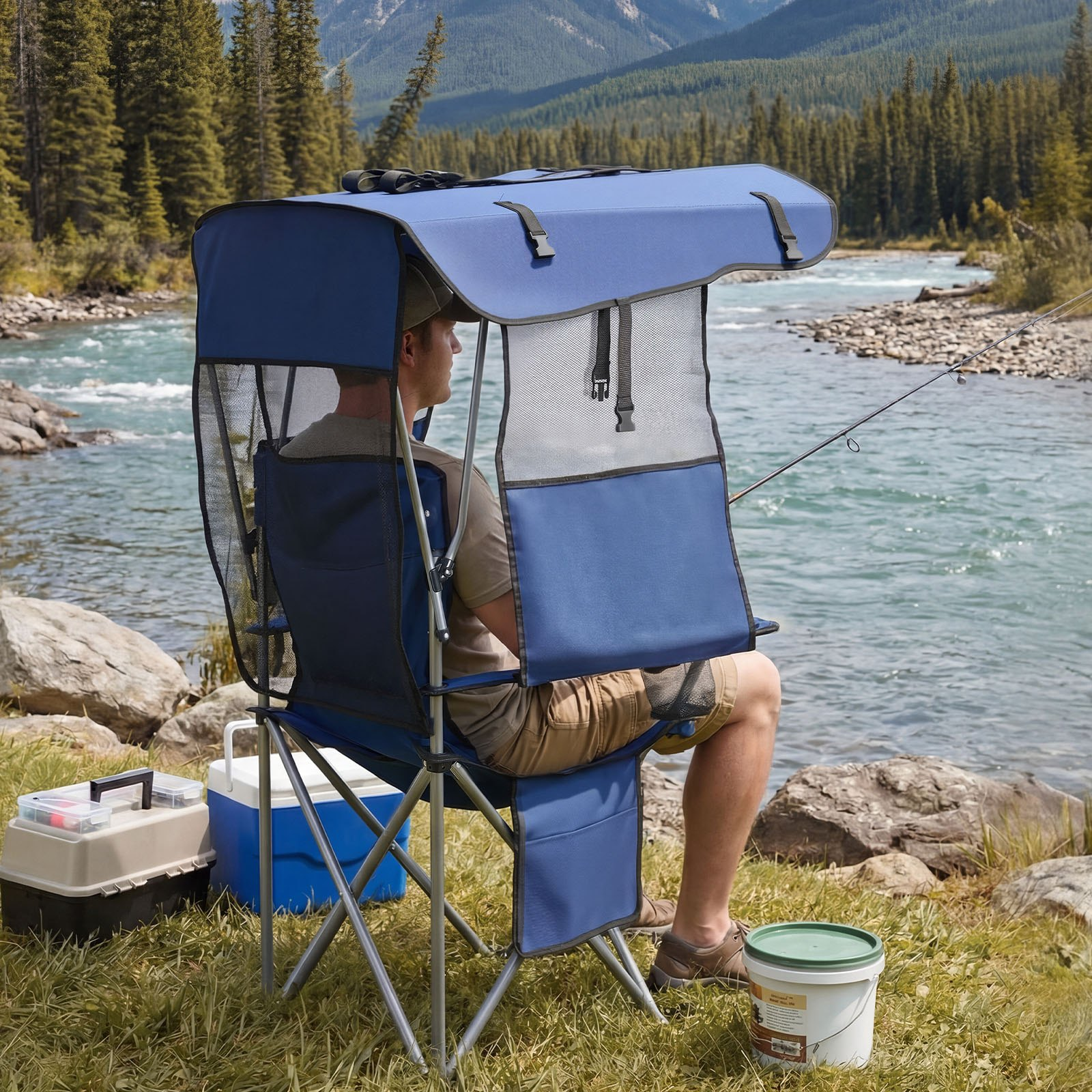 Start2Finish outdoor camping chair with canopy, cup holders, magazine pocket, folding design, deep blue, supports 330 lbs.
