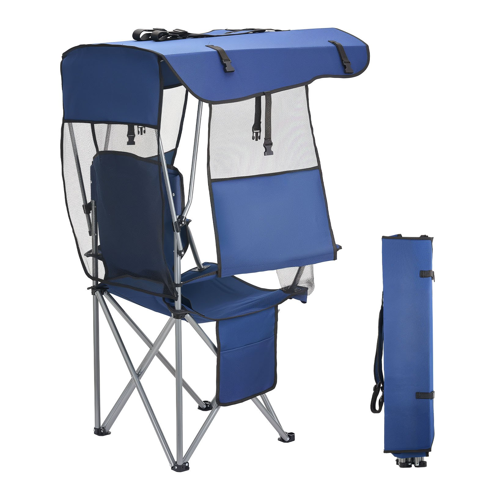 Start2Finish VEVOR camping chair with canopy, folding beach chair, magazine pocket, 2 cup holders, deep blue outdoor seating